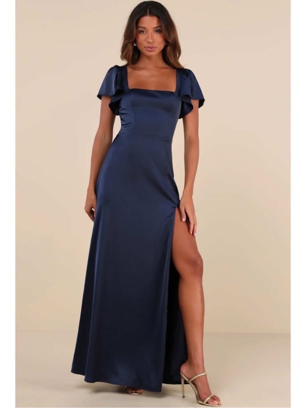 NWT Lulu’s Ultimate Sweetness Navy Blue Satin Flutter Sleeve Maxi Dress S, L, 1X